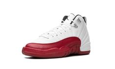 The Air Jordan 12 GS “Cherry” is the youth sizing of an original colorway of Michael Jordan’s twelfth signature shoe that debuted in 1997.  Worn by Jordan with the Chicago Bulls throughout the NBA’s 1996-97 regular season, the Jordan 12 “Cherry” is one of the most iconic Jordan models of all time.  The 2023 version of the shoe remains faithful to the original style from ‘97.  It features a white leather construction with a Varsity Red textured mudguard/toe panel that transitions into the midsole Jordan 12 Cherry, Cherry Shoes, Jordan Model, Air Jordan 12, Jordan 12, Jordans 12, Stadium Goods, Kids Jordans, Buy Buy