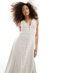 ASOS DESIGN button down linen midi dress with full skirt in oatmeal | ASOS Sleeveless Beige Midi Dress With Button Closure, Beige Sleeveless Midi Dress With Button Closure, Summer Linen Maxi Dress With Button Closure, Linen Maxi Dress With Button Closure For Summer, Spring Linen Midi Dress With Button Closure, Summer Linen V-neck Dress With Buttons, Beige Sleeveless Midi Dress With Buttons, Summer V-neck Linen Dress With Buttons, V-neck Midi Sundress With Button Closure