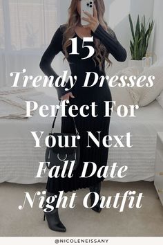 trendy fall dresses for women fall date night outfit Date Night Looks Plus Size, Fall Dressy Outfits Women Classy, Black Long Sleeve Dress Outfit Fall, Dine Out Outfit, Date Night Outfit Fall Dinner Romantic, Winter Dress Date Outfit, Dinner Outfit Fall Night Classy, Black 3/4 Sleeve Dress For Date Night, Black Stretch Sweater Dress For Date Night