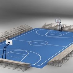 a 3d rendering of a basketball court with hoops and net in the center is shown