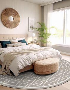 a bedroom with a large bed and round rug