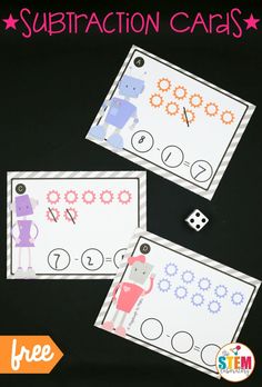 two printable subtraction cards are shown with the numbers and letters on them