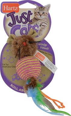 a cat toy with a mouse on it's back and a feather tail attached to it