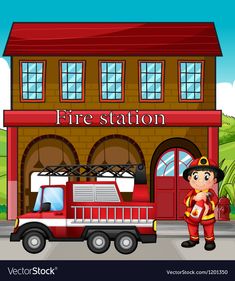 a fireman standing in front of the fire station with a fire truck near by