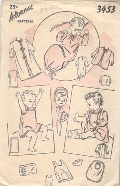 an old paper with pictures of children's clothing and clothes on it, including a baby