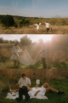 two people are sitting on the grass and one person is holding a white cloth in their hands