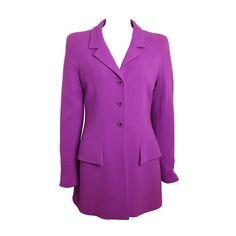 - Chanel purple boucle wool jacket from Fall 1997 collection. - Featuring round shoulders and fully lined. - Three front buttons fastening and one "CC" logo button on the left sleeve. - Height: around 31 inches. Bust: around 32 to 34 inches. When open button can be up to 40 inches. Waist: around 32 to 34 inches. When open button can be up to 40 inches Shoulder: around 17 inches. Sleeve: around 25 inches. Arm Circumference: around 12 to 14 inches. All the measurements are approximately. -Please m Purple Chanel, Round Shoulders, Dior New Look, Color Combos Outfit, Chanel Suit, Moschino Couture, Ruffle Jacket, Chanel Jacket, Short Sleeve Jacket