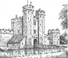 an old drawing of a castle in black and white