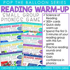 the reading warm up game is shown with text and pictures for each child's book