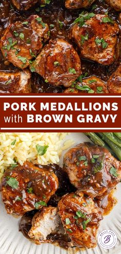 pork medallions with brown gravy on a plate