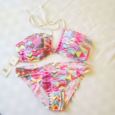 Vibrant Bikini - Never Worn Multicolored Pattern - Pink, Red, Neon Yellow, Black, Aqua, Purple Pink Vibrant Print Swimwear For Pool, Vibrant Pink Stretch Swimwear, Vibrant Multicolor Festival Swimwear, Vibrant Pink Triangle Top Swimwear, Fun Multicolor Swimwear For Beach Party, Multicolor Fun Swimwear For Festivals, Fun Multicolor Triangle Top Swimwear, Fun Pink Swimwear For Festival, Trendy Multicolor Swimwear For Festivals