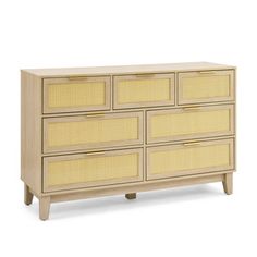 Our exquisite 7-drawer dresser is perfect for any modern or traditional bedroom. Elevate your home décor with our 52-inch rattan dresser, featuring handwoven PVC rattan details and elegant gold handles. We love that it features seven drawers with metal slides, so there's plenty of room to tuck away your favorite tees, socks, and slacks. This 52" wide dresser is made from engineered wood with a neutral finish, with a shiny chrome hue for an elegant feel in your space. Use in or out of the closet Dresser Rattan, Bedroom Rattan, Boho Chest, Rattan Dresser, Dresser Brown, Dresser Tv Stand, Dresser For Bedroom, Wide Dresser, 7 Drawer Dresser