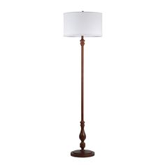 a floor lamp with a white shade on the base and a brown wooden frame around it