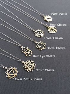 "All Sterling Silver Necklace. *Chakra Charm measures approx. 22mm x 10mm (0.87\" x 0.4\") The 7 Chakras are the energy centers in our body in which energy flows through. Blocked energy in our 7 Chakras can often lead to illness so it's important to understand what each Chakra represents and what we can do to keep this energy flowing freely. 1. Root Chakra - Represents our foundation and feeling of being grounded. 2. Sacral Chakra - Our connection and ability to accept others and new experiences Spirtual Necklaces, Chakra Necklace Crystals, Necklace Spiritual, Etsy Necklace, The 7 Chakras, Sterling Silver Charm Necklace, Spiritual Necklace, Silver Charm Necklace, Necklace Charms