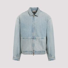 Fear of God Light Indigo 8th Denim Jacket. Light Indigo cotton, classic collar, long sleeves, front zip fastening, buttoned cuffs, straight hem. Logo label on back panel, relaxed fit. God Light, 90s Streetwear, Fear Of God, Logo Label, Engineered Garments, Oversized Sweatshirt, Fabric Material, Denim Jacket, Coats Jackets