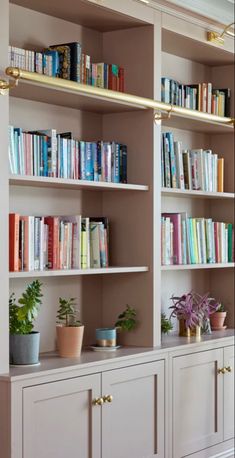 the bookshelves are filled with many different types of books and plants in pots