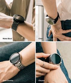 four different views of a person wearing a watch