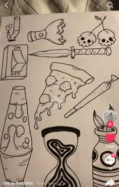 a drawing of different items on a piece of paper with the caption'i love pizza '