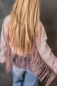 Pink Distressed Fringed Cropped Denim Jacket Spring Cotton Denim Jacket With Fringe, Spring Denim Jacket With Fringe In Cotton, Edgy Distressed Outerwear For Spring, Edgy Distressed Spring Outerwear, Trendy Cotton Denim Jacket With Fringe, Trendy Fringed Cotton Denim Jacket, Trendy Fringed Denim Jacket For Spring, Trendy Fringe Denim Jacket For Spring, Trendy Summer Outerwear With Fringe