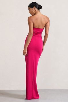 Pink Bodycon Dress In Elastane, Pink Stretch Maxi Dress For Formal Occasions, Fitted Pink Bodycon Dress For Prom, Pink Fitted Bodycon Dress For Prom, Pink Strapless Maxi Dress For Night Out, Pink Maxi Length Strapless Dress For Night Out, Pink Fitted Strapless Dress For Prom, Fitted Pink Strapless Prom Dress, Fitted Pink Strapless Dress For Prom