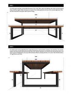 the plans for an outdoor dining table and bench are shown in three different positions, including one