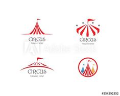 four circus logo designs with red, white and blue tents