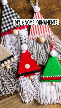 three gnome ornaments with text overlay that says diy gnome ornaments on them