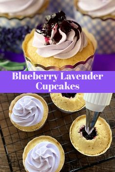 blueberry lavender cupcakes on a cooling rack