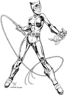 a black and white drawing of a woman in catwoman costume holding a lasso