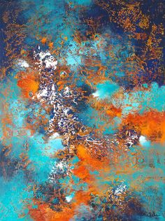 an abstract painting with blue and orange colors