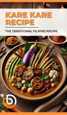 the cover of kare kare recipe is shown on a plate with chopsticks