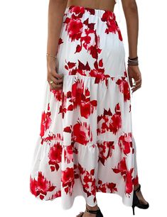 Red Digital Floral Print Sweet Midi Skirt Printed Long Skirt, Sundresses Women, Tiered Maxi Skirt, Flower Skirt, Womens Maxi Skirts, Langer Rock, Women Maxi, Boho Maxi, Flower Fashion