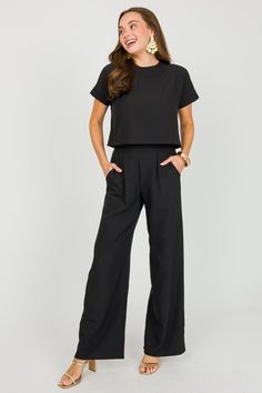 Wide Leg Pants Set, Black - New Arrivals - The Blue Door Boutique Chic Black Sets With Relaxed Fit, Chic Black Set With Relaxed Fit, Black Relaxed Fit Wide Leg Jumpsuits And Rompers, Chic Workwear Top With Elastic Waistband, Chic Tops With Elastic Waistband For Work, Chic Wide Leg Set With Elastic Waistband, Chic Wide Leg Sets With Elastic Waistband, Chic Sets With Elastic Waistband And Wide Leg, Relaxed Fit Tops With Elastic Waistband For Work