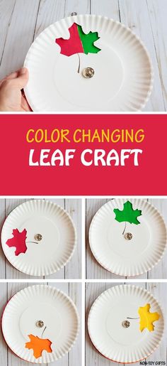 paper plate crafts with leaves and the words color changing leaf craft on it in four different pictures