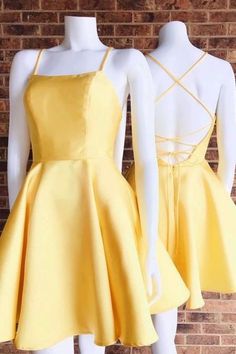 Yellow Party Dresses, Halter Homecoming Dress, Yellow Homecoming Dresses, School Event Dress, Simple Homecoming Dresses, Cocktail Dress Yellow, Yellow Dresses, Satin Homecoming Dress, Cheap Homecoming Dresses