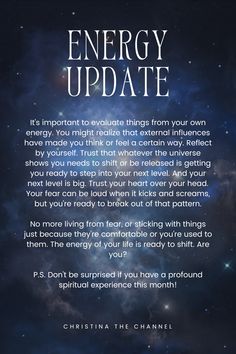 It's important to evaluate things from your own energy. You might realize that external influences have made you think or feel a certain way. Reflect by yourself. Trust whatever the universe show you needs to shift or be released is getting you ready to step into your next level. For more energy updates, follow Christina The Channel on Instagram or head to our website for more resources include blog posts, podcasts, and more! Intuitive Healing, Daily Energy, Spiritual Manifestation, Here's The Thing, Energy Healer, More Energy, Healing Energy, Manifestation Affirmations, The Resistance