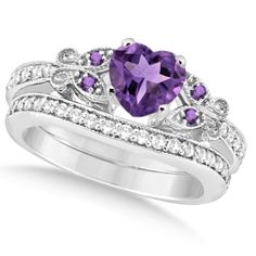 Butterfly Amethyst & Diamond Heart Bridal Set 14k White Gold 1.55ct - U6355 Heart-shaped Purple Amethyst Ring For Wedding, Elegant Amethyst Heart Cut Ring For Wedding, White Gold Amethyst Ring With Diamond Accents For Wedding, White Gold Amethyst Wedding Ring With Diamond Accents, Lavender Jewelry With Diamond Accents For Wedding, Lavender Wedding Jewelry With Diamond Accents, Purple Diamond Ring, Wedding Rings Round, Detailed Engagement Ring