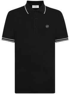 black/white cotton logo patch at the chest contrasting border polo collar front button placket short sleeves short side slits straight hem Designer Cotton Collared T-shirt, Designer Cotton Tops With Striped Collar, Classic Black Top With Logo Patch, Classic Polo Shirt With Logo Print For Streetwear, Classic Polo Shirt With Ribbed Collar For Streetwear, Classic Polo Shirt With Embroidered Logo For Streetwear, Cotton Polo Shirt With Logo Patch, Collared Polo Shirt With Logo For Streetwear, Streetwear Collared Polo Shirt With Logo Print