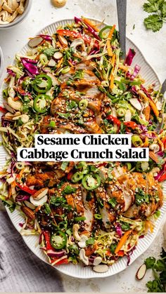 sesame chicken cabbage crunch salad on a white plate with the title sesame chicken cabbage crunch salad