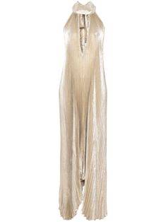 gold-tone metallic effect plissé effect halterneck keyhole detail to the front open back long length curved hem Gold Sheer Dress, Plisse Dress, Wedding Guest Looks, Yoko London, City Dress, Dress Gold, Silver Dress, Summer Beach Wear, Gold Dress