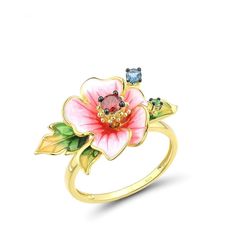 Zutphen Ring - ANN VOYAGE Flower With Leaves, Travel Inspired Jewelry, Leaves Ring, Zircon Jewelry, Party Rings, Leaf Ring, Pink Enamel, Enamel Flower, Silver Crystal