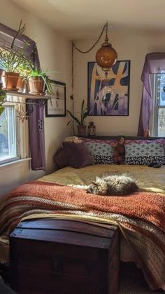 a bed room with a neatly made bed and lots of plants on the windowsill