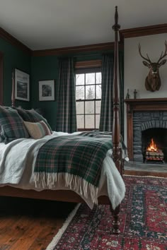 a bed sitting in a bedroom next to a fire place