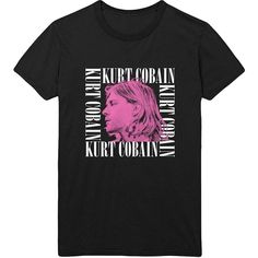 a black t - shirt with the words kurt cobainn and a pink image