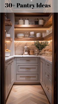 Moody pantry with rich wooden tones and warm lighting, providing a cozy and sophisticated storage solution Perfect Pantry Layout, Butler Pantry Off Kitchen, Kitchen Walkin Pantry Design, High End Pantry, Walk In Pantry Must Haves, Wet Bar Pantry, Pocket Pantry Door Ideas, 6x10 Pantry