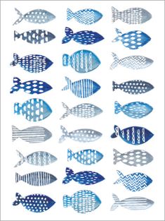 blue and white fish with monogrammed letters on them, all in different sizes