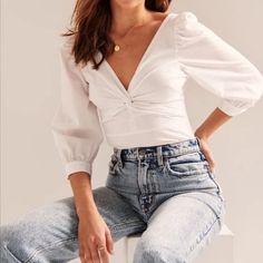 Brand New Never Worn Tag On White Twist Front Poplin Top Very Cute Classic Tops For Summer Brunch, Classic Summer Tops For Brunch, Striped Off Shoulder Top, Black Halter Top, Poplin Top, American Clothing, Long Sleeve Plaid Shirt, Quarter Zip Sweatshirt, White Crop Top