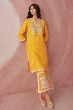 Buy Yellow Silk Chanderi Embroidery Gota Patti And Thread Kurta Pant Set For Women by Sureena Chowdhri Online at Aza Fashions. Sureena Chowdhri, Stylish Kurtis, Stylish Kurtis Design, Chanderi Kurta, Kurta Pant Set, Yellow Silk, Pant Set For Women, Kurta With Pants, Indo Western