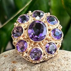 14 Karat Gold And Amethyst Ring From 1960 Santa Barbara Estate Beautiful Rope Scrollwork This Is A Stunning And Dramatic Piece For Any Collection Weighs 12.5 G. Ring Color, Amethyst Ring, Santa Barbara, Purple Gold, Womens Jewelry Rings, Vintage Jewelry, Amethyst, Women Jewelry, Ring