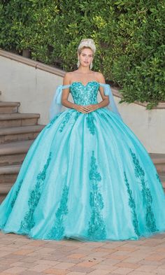 Long sheer draped off the shoulder sleeve a-line quinceanera ball gown with sweetheart neckline. Turquoise Quinceanera Dresses, Embellished Corset, Corset Design, Bow Sash, Quince Dress, Short Dress Styles, Fantasy Dresses, Pipe Dream, Body Measurement